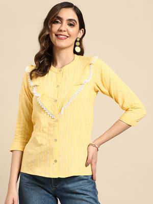 Women Yellow Poly Cotton Striped A-Line Short Top 1