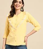 Women Yellow Poly Cotton Striped A-Line Short Top