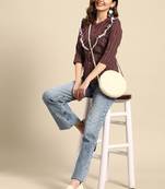 Women Maroon Poly Cotton Striped A-Line Short Top