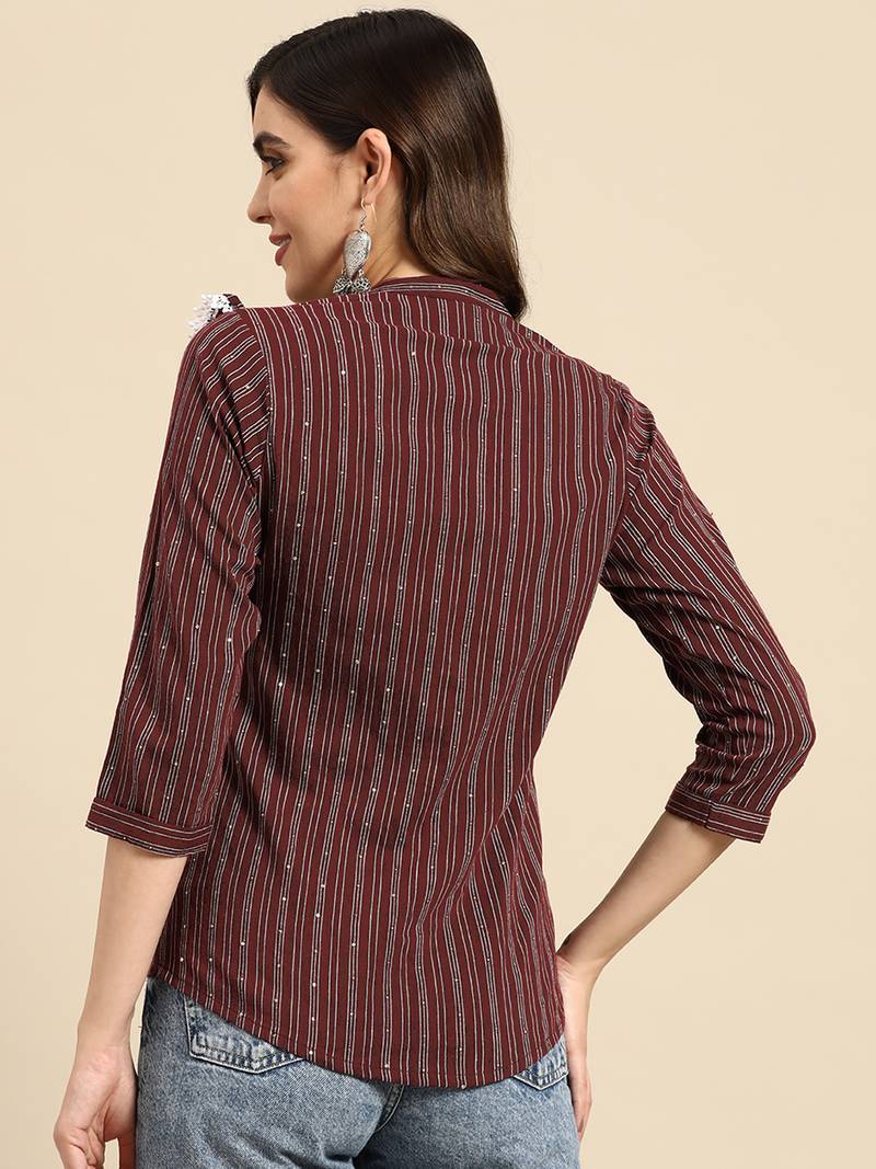 Women Maroon Poly Cotton Striped A-Line Short Top