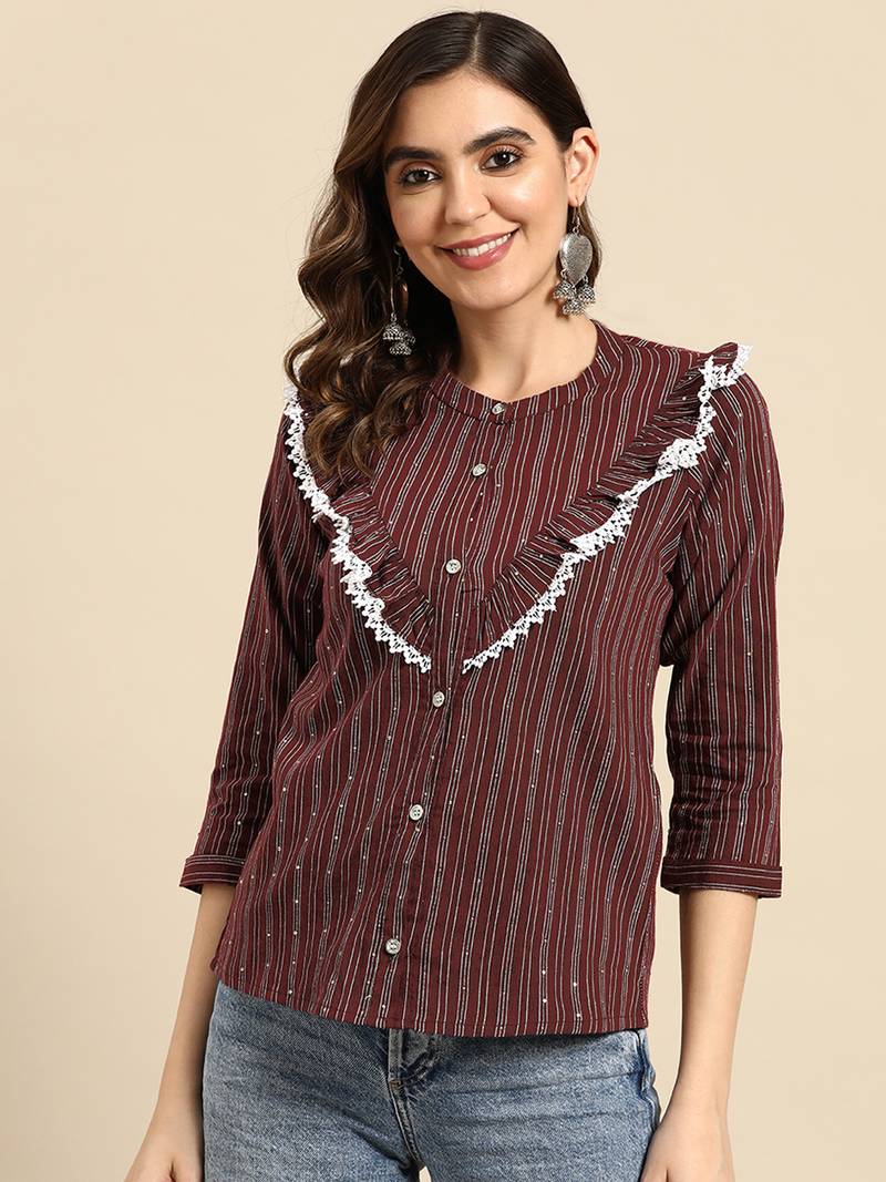 Women Maroon Poly Cotton Striped A-Line Short Top