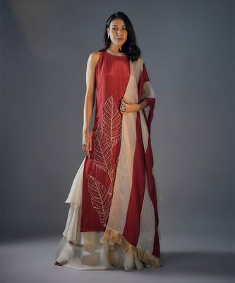 Red embroidered kurta sharara set. 1