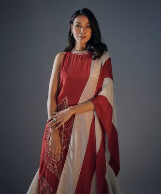 Red embroidered kurta sharara set. 3