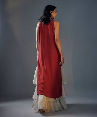 Red embroidered kurta sharara set. 4