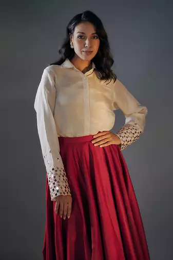 Embroidered Shirt With Red Lehenga
