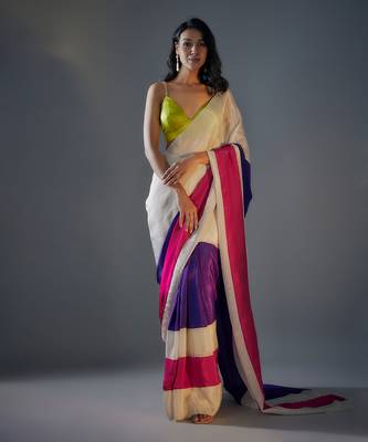 Colour block saree wih lime green  embroidered  blouse 1