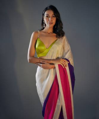 Colour block saree wih lime green  embroidered  blouse 2