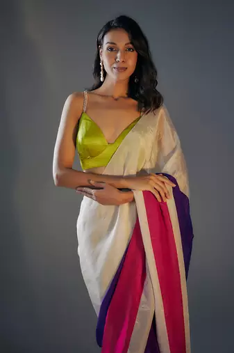 Colour block saree wih lime green  embroidered  blouse