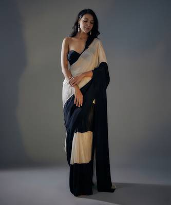 Black and Light Gold Tissue Pre-Draped Embroidered Saree 2