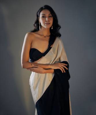 Black and Light Gold Tissue Pre-Draped Embroidered Saree 3