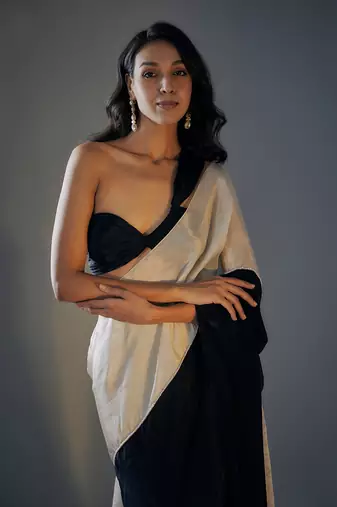 Black and Light Gold Tissue Pre-Draped Embroidered Saree