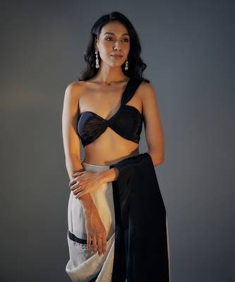 Black and Light Gold Tissue Pre-Draped Embroidered Saree 4