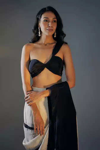 Black and Light Gold Tissue Pre-Draped Embroidered Saree