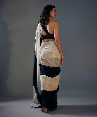 Black and Light Gold Tissue Pre-Draped Embroidered Saree 5