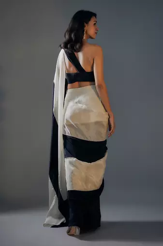 Black and Light Gold Tissue Pre-Draped Embroidered Saree