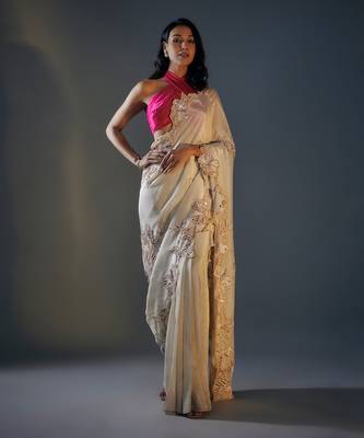 beige tissue emroidered saree with blouse 1