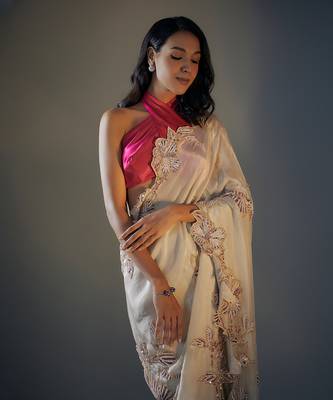 beige tissue emroidered saree with blouse 2