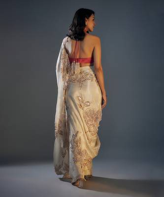 beige tissue emroidered saree with blouse 3