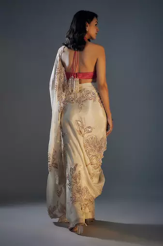 beige tissue emroidered saree with blouse