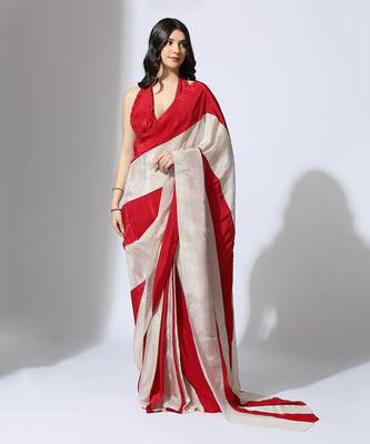 Red and Beige stripe colour block pre-draped saree 1