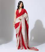 Red and Beige stripe colour block pre-draped saree
