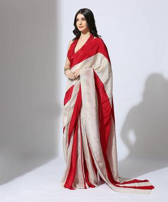 Red and Beige stripe colour block pre-draped saree 2