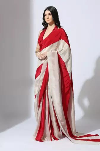 Red and Beige stripe colour block pre-draped saree