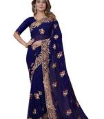 Navy blue resham zari embroidery georgette saree with blouse