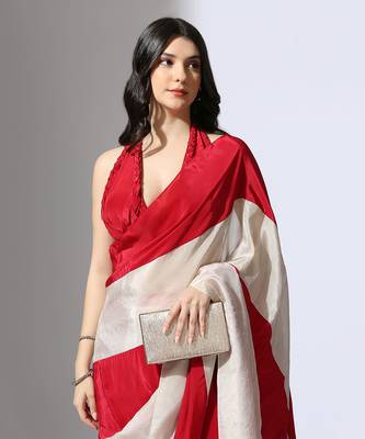 Red and Beige stripe colour block pre-draped saree 3