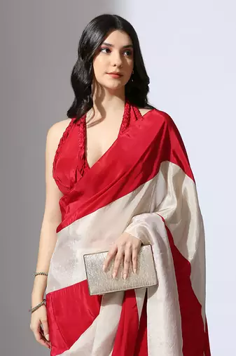 Red and Beige stripe colour block pre-draped saree