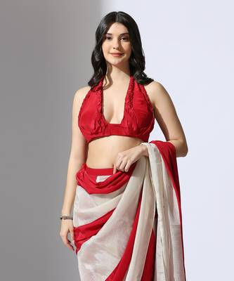 Red and Beige stripe colour block pre-draped saree 4