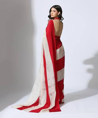 Red and Beige stripe colour block pre-draped saree 5