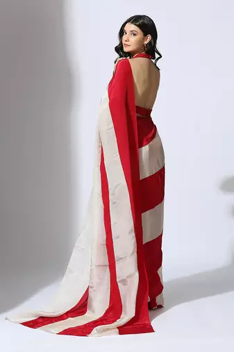 Red and Beige stripe colour block pre-draped saree