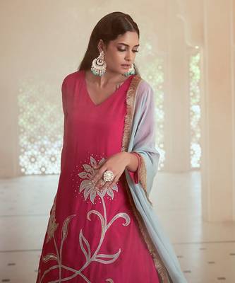 Pink silk embroidered kurti set 3