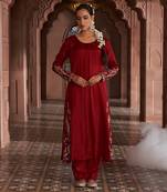Maroon silk embroidered kurti set