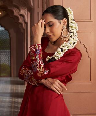 Maroon silk embroidered kurti set 3