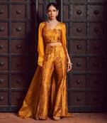 Ochre yellow  printed pant set with organza jacket