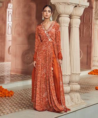 Rust orange printed anarkali set 1