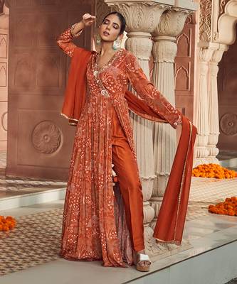 Rust orange printed anarkali set 2