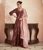 Dark magenta printed kurta sharara set