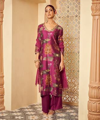 Purple signature print silk kurta set 1