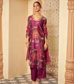 Purple signature print silk kurta set