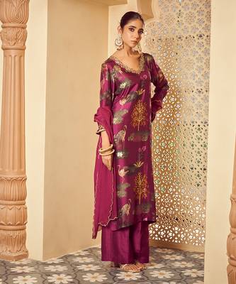 Purple signature print silk kurta set 2