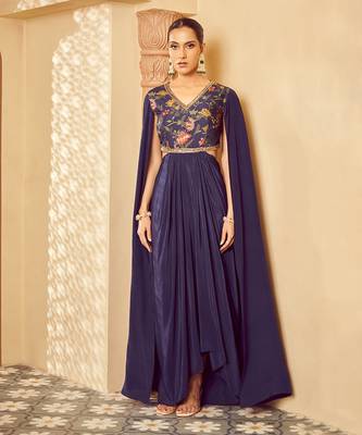 Blue embroidered saree gown 1