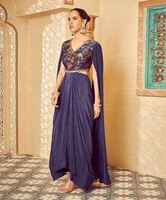 Blue embroidered saree gown 2