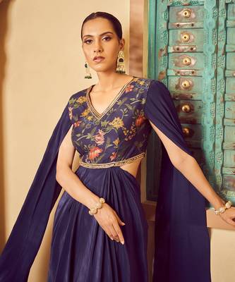 Blue embroidered saree gown 3