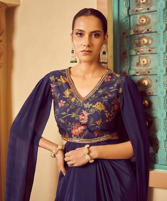 Blue embroidered saree gown 4