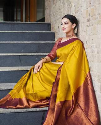 Yellow Woven Faux Faux Kanjivaram Silk Saree With Blouse Piece 2