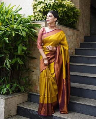 Yellow Woven Faux Faux Kanjivaram Silk Saree With Blouse Piece 1
