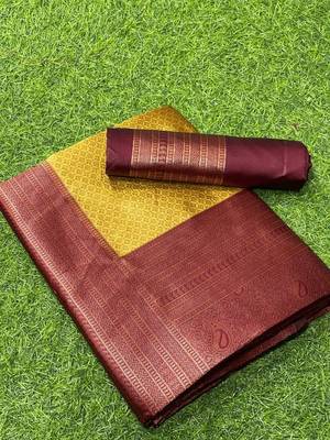 Yellow Woven Faux Faux Kanjivaram Silk Saree With Blouse Piece 5